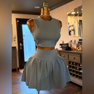 SHEIN Light Blue Ribbed Crop Top & Pleated Circle Skirt Set